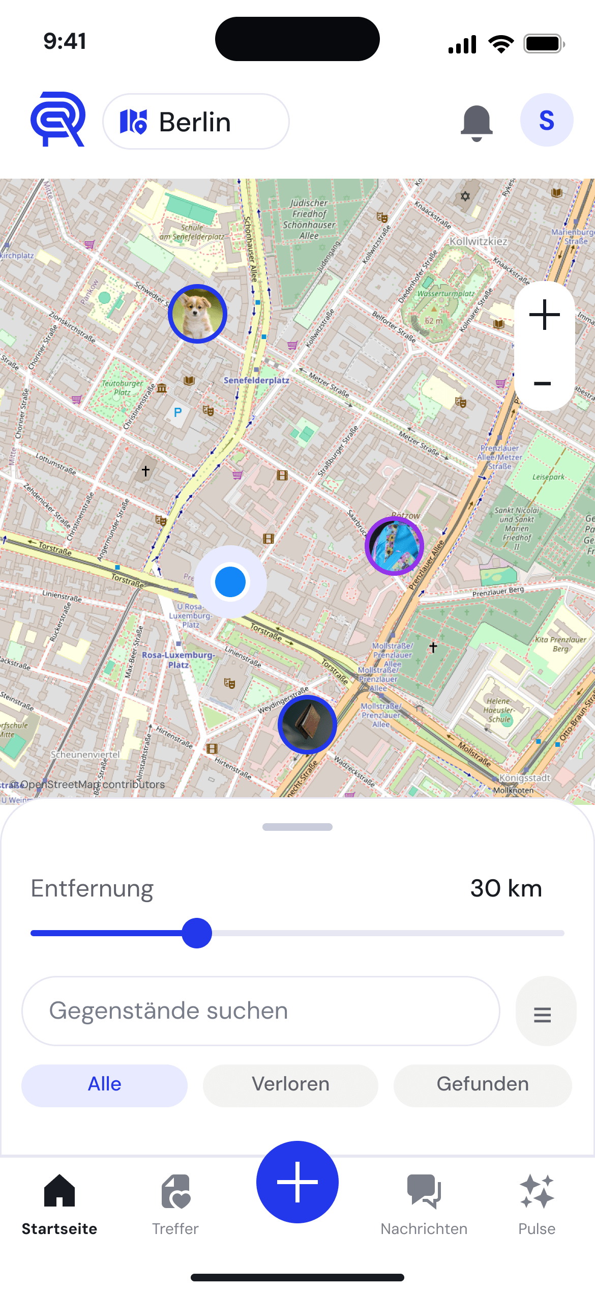 Renuir Umgebungssuche: Berliner Karte, Entfernung und Filter für Verlust- und Fundmeldungen