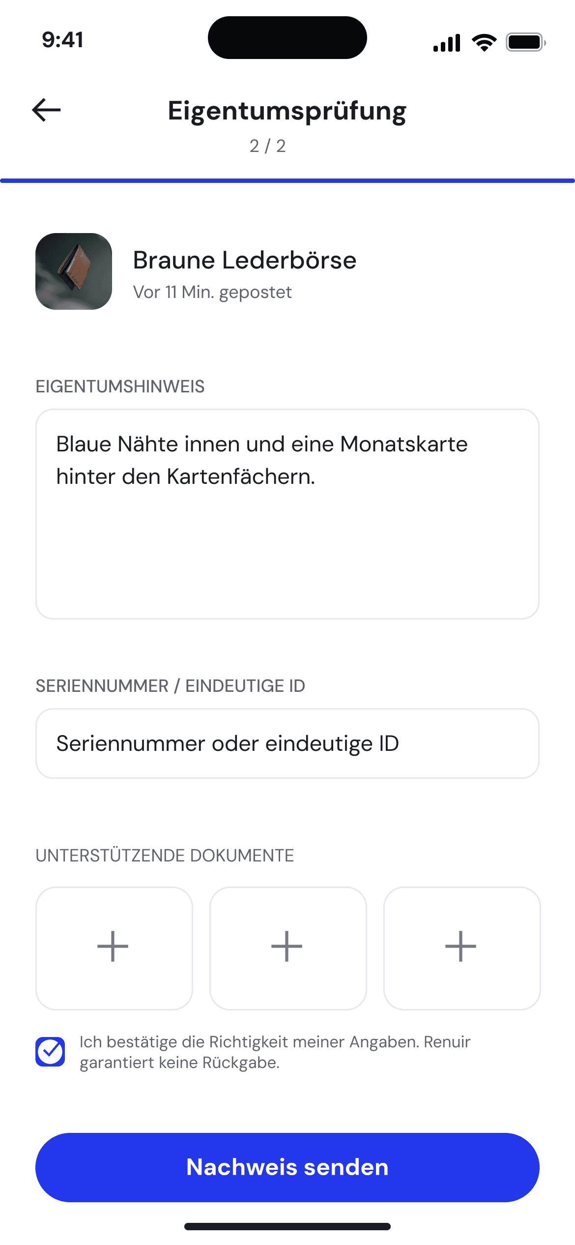 Renuir Eigentumsprüfung: besondere Merkmale und unterstützende Dokumente angeben